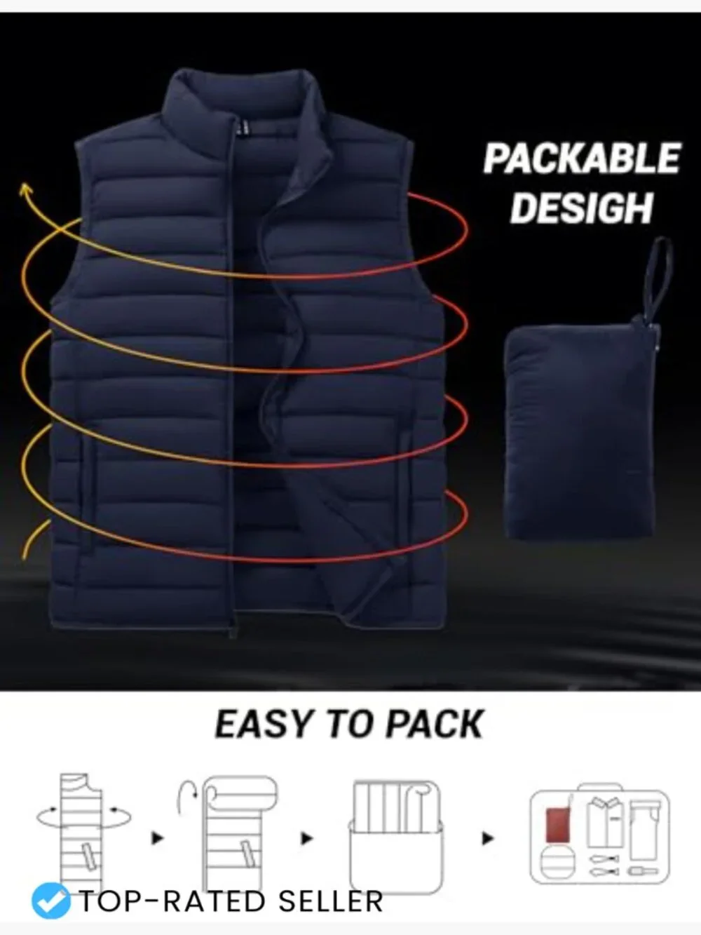 Men's Packable Insulated Vest Zip Pockets Water-Resistant Windproof Lightweight